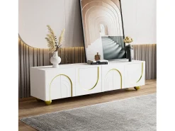 Móvel De Tv*Merax Móvel de TV baixo com portas texturizadas - 170 x 38 x 44 cm - com pés redondos dourados - aglomerado - Branco