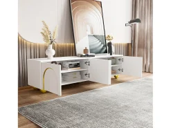 Móvel De Tv*Merax Móvel de TV baixo com portas texturizadas - 170 x 38 x 44 cm - com pés redondos dourados - aglomerado - Branco