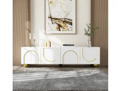 Móvel De Tv*Merax Móvel de TV baixo com portas texturizadas - 170 x 38 x 44 cm - com pés redondos dourados - aglomerado - Branco