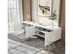 Móvel De Tv*Merax Móvel de TV baixo com portas texturizadas - 170 x 38 x 44 cm - com pés redondos dourados - aglomerado - Branco