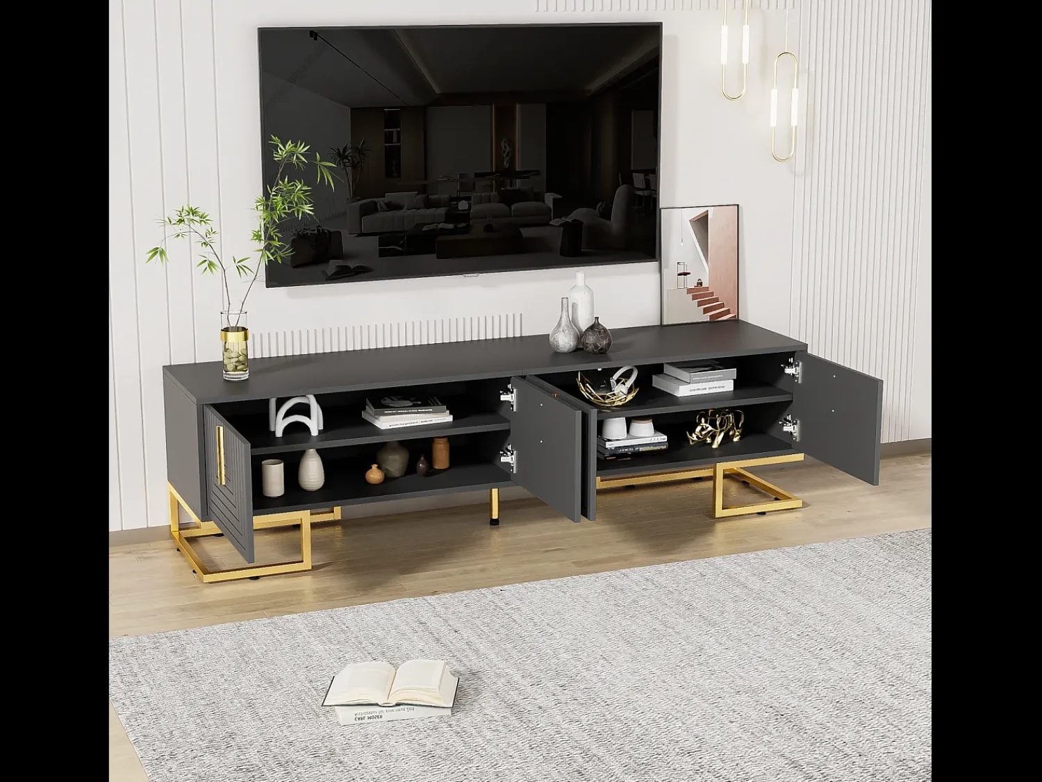 Outlet Móvel de TV baixo com porta estruturada, puxadores e pés dourados, cinza escuro + dourado Preto