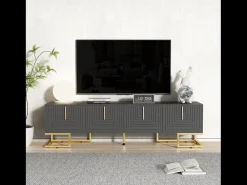 Outlet Móvel de TV baixo com porta estruturada, puxadores e pés dourados, cinza escuro + dourado Preto