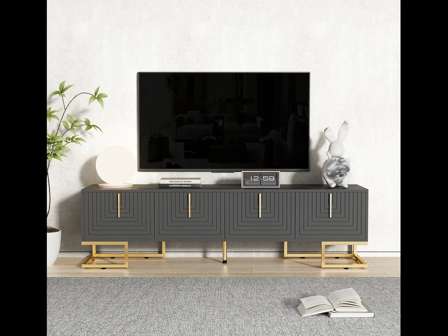 Outlet Móvel de TV baixo com porta estruturada, puxadores e pés dourados, cinza escuro + dourado Preto