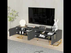 Outlet Móvel de TV baixo com porta estruturada, puxadores e pés dourados, cinza escuro + dourado Preto