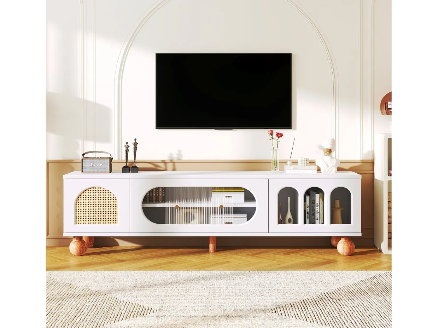Best Móvel de TV baixo com porta de vime e porta de vidro deslizante para sala de estar e jantar, Branco