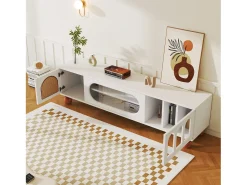 Best Móvel de TV baixo com porta de vime e porta de vidro deslizante para sala de estar e jantar, Branco