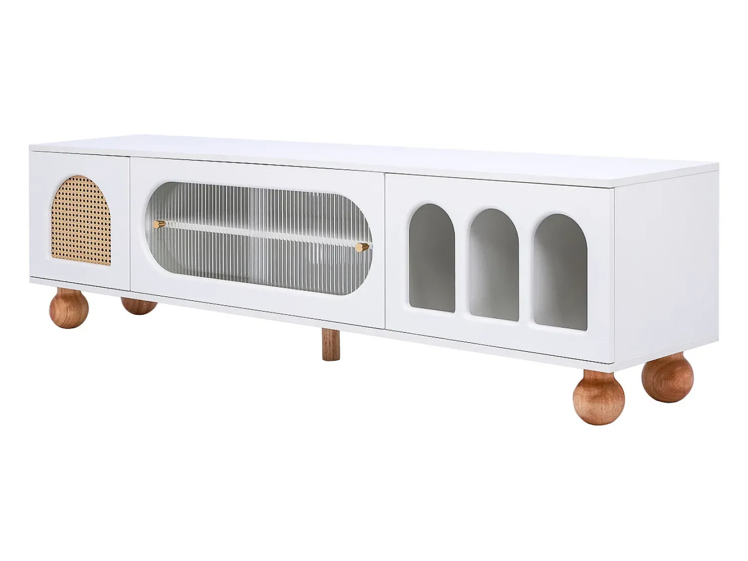 Best Móvel de TV baixo com porta de vime e porta de vidro deslizante para sala de estar e jantar, Branco