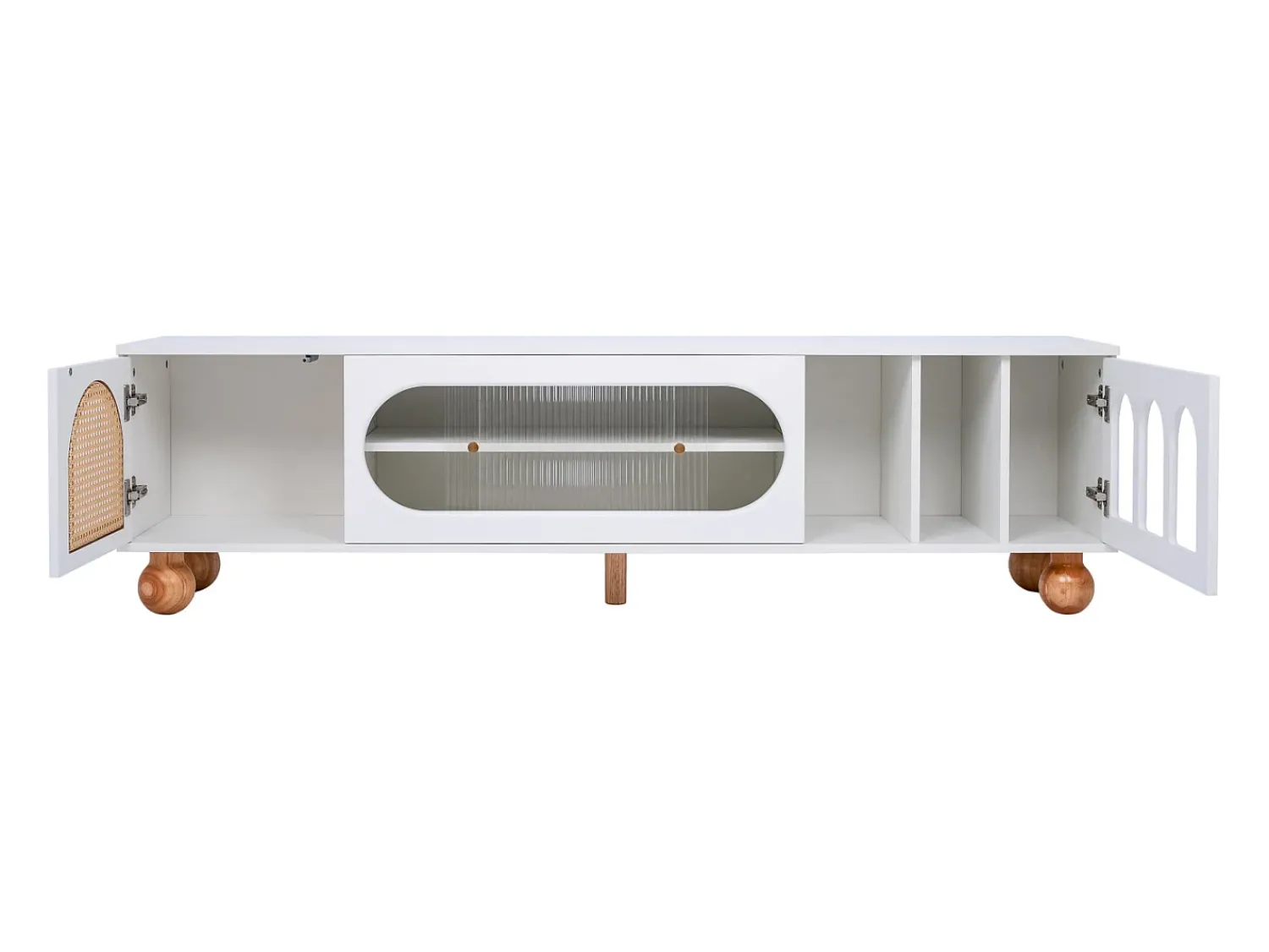 Best Móvel de TV baixo com porta de vime e porta de vidro deslizante para sala de estar e jantar, Branco