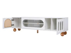 Best Móvel de TV baixo com porta de vime e porta de vidro deslizante para sala de estar e jantar, Branco