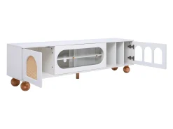 Best Móvel de TV baixo com porta de vime e porta de vidro deslizante para sala de estar e jantar, Branco
