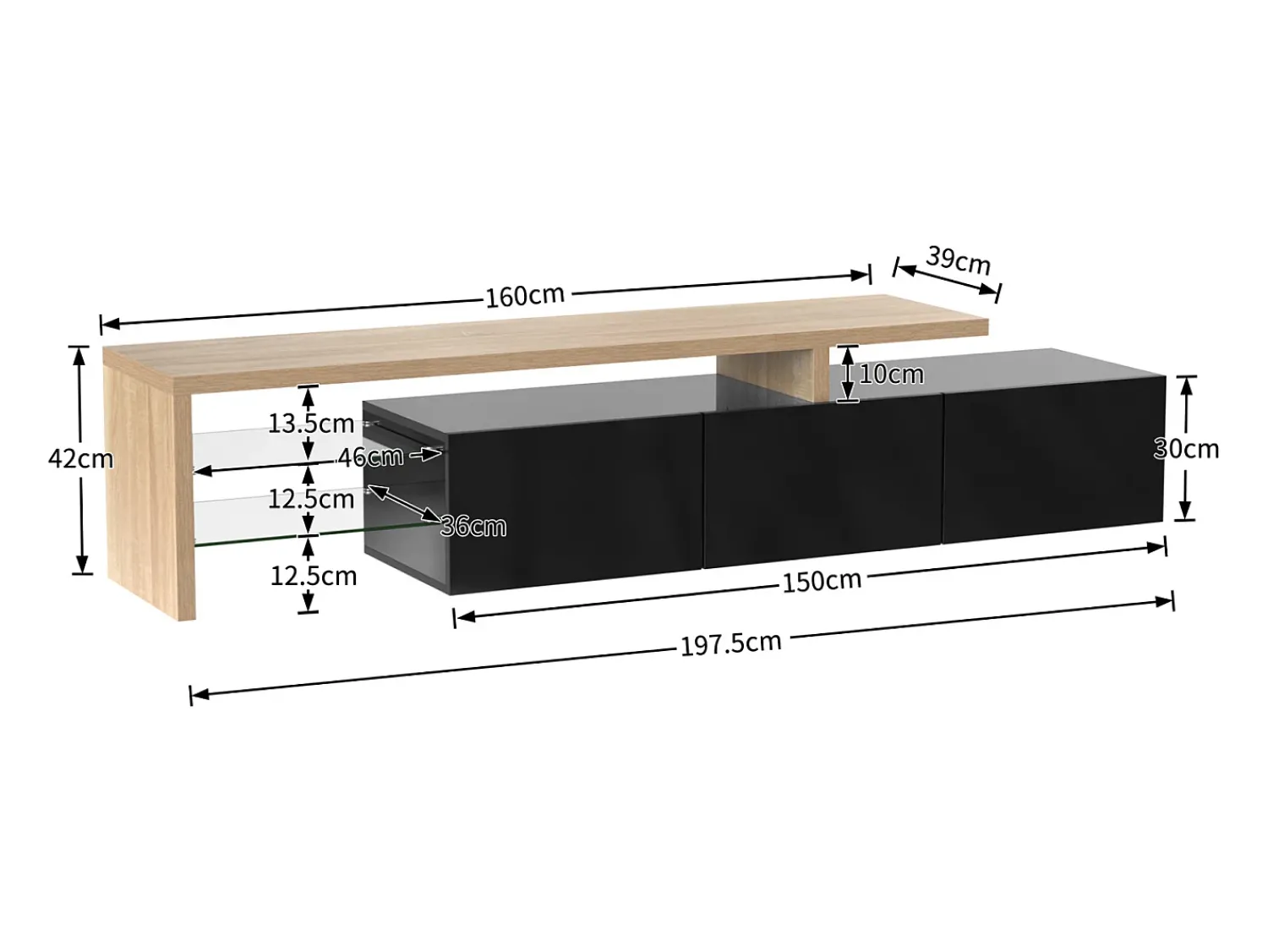 Móvel De Tv* Móvel de TV baixo com prateleira de vidro e 3 portas, 197 cm, brilhante, com iluminação LED Preto