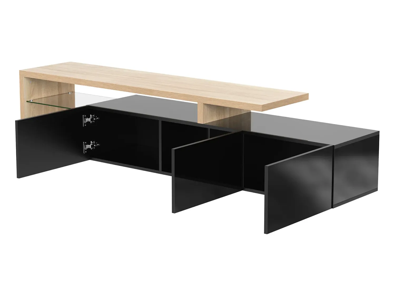 Móvel De Tv* Móvel de TV baixo com prateleira de vidro e 3 portas, 197 cm, brilhante, com iluminação LED Preto