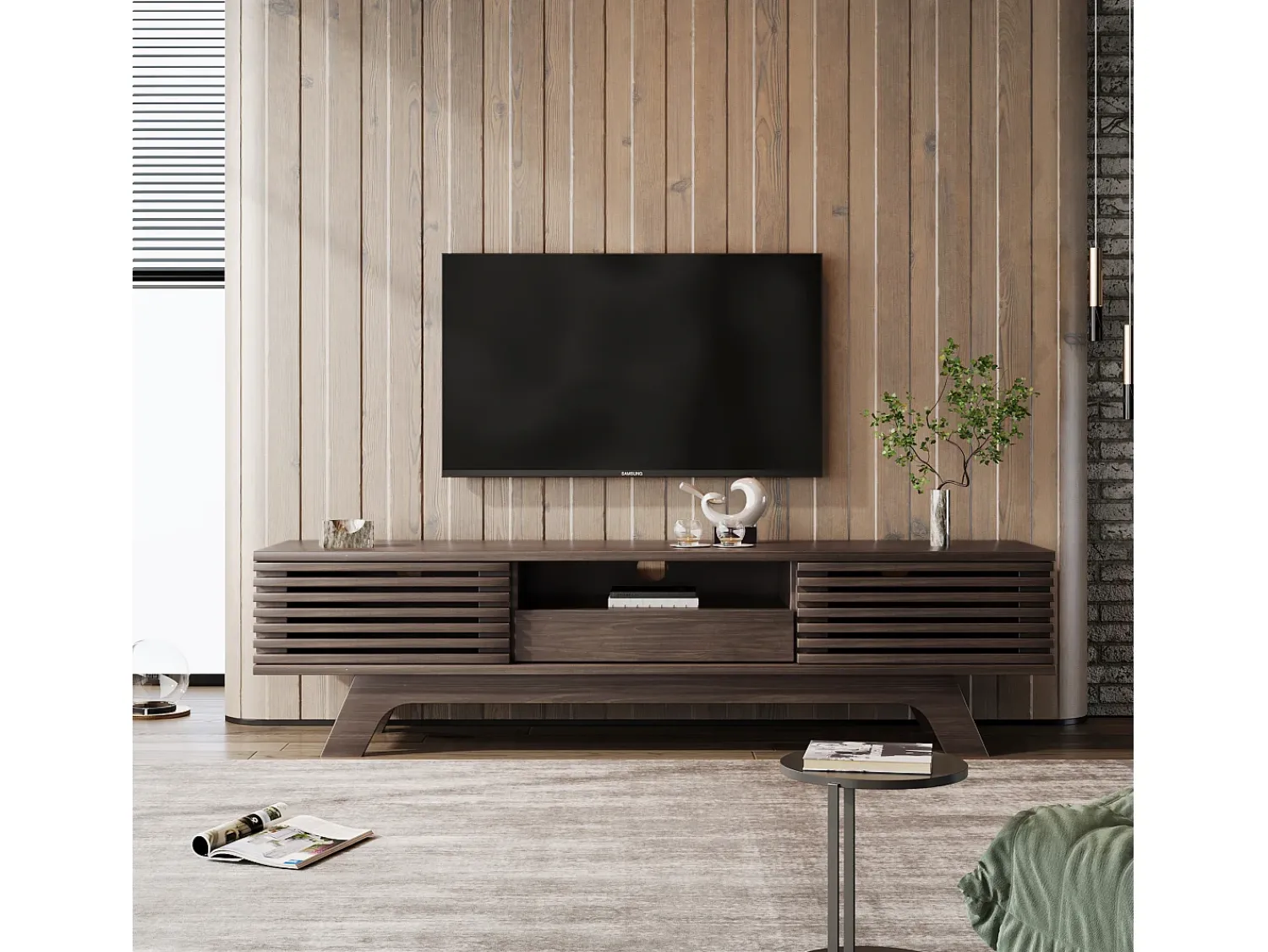 Móvel De Tv* Móvel de TV baixo em estilo retrô com 2 portas e 1 gaveta, cor madeira, para sala de estar, 150 x 40 x 44,5 cm Natural escuro