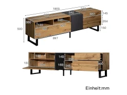 Móvel De Tv* Móvel de TV baixo estilo industrial retrô 180 cm, bancada de TV com 2 portas e 2 gavetas, + madeira Preto