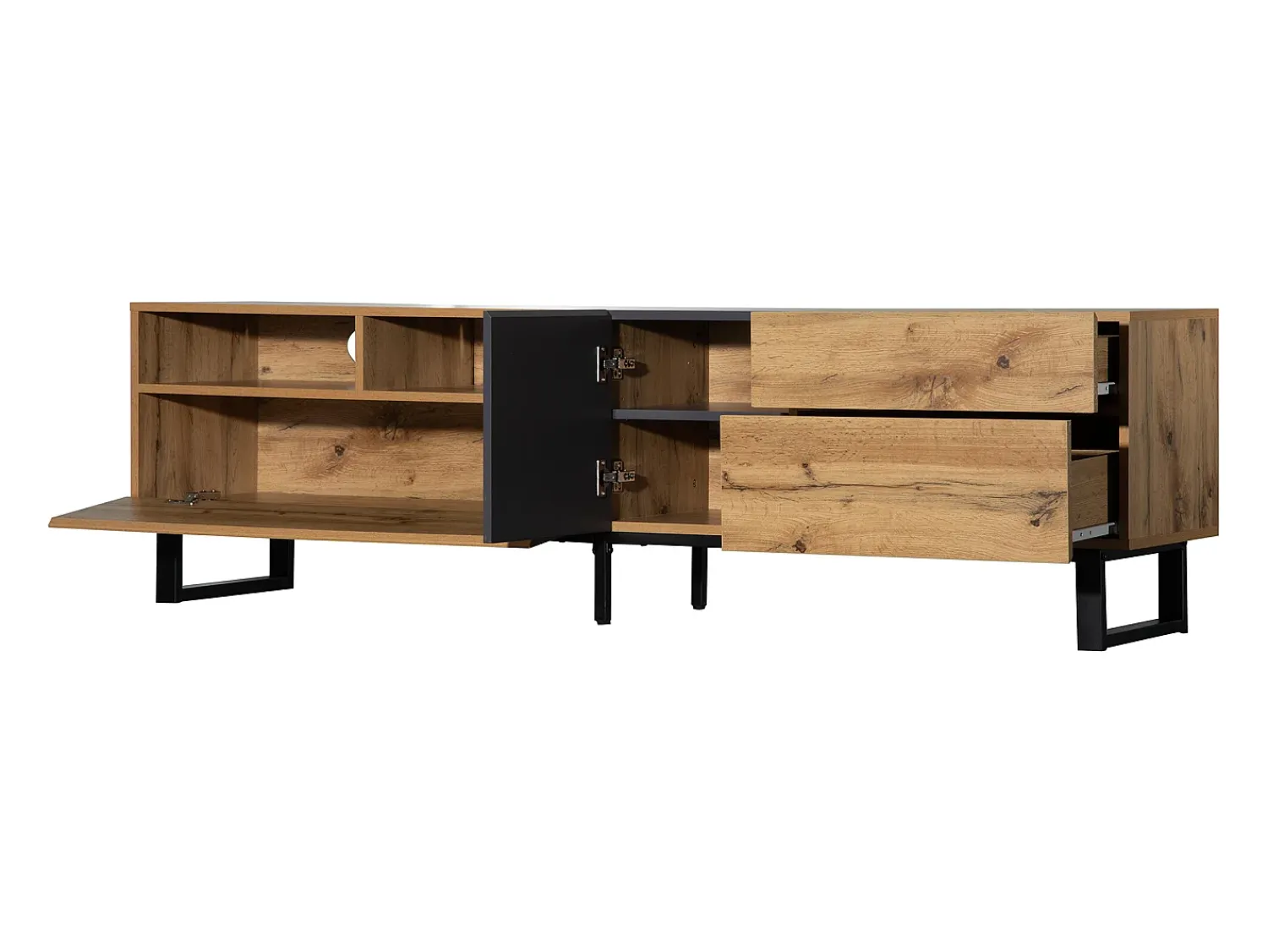 Móvel De Tv* Móvel de TV baixo estilo industrial retrô 180 cm, bancada de TV com 2 portas e 2 gavetas, + madeira Preto