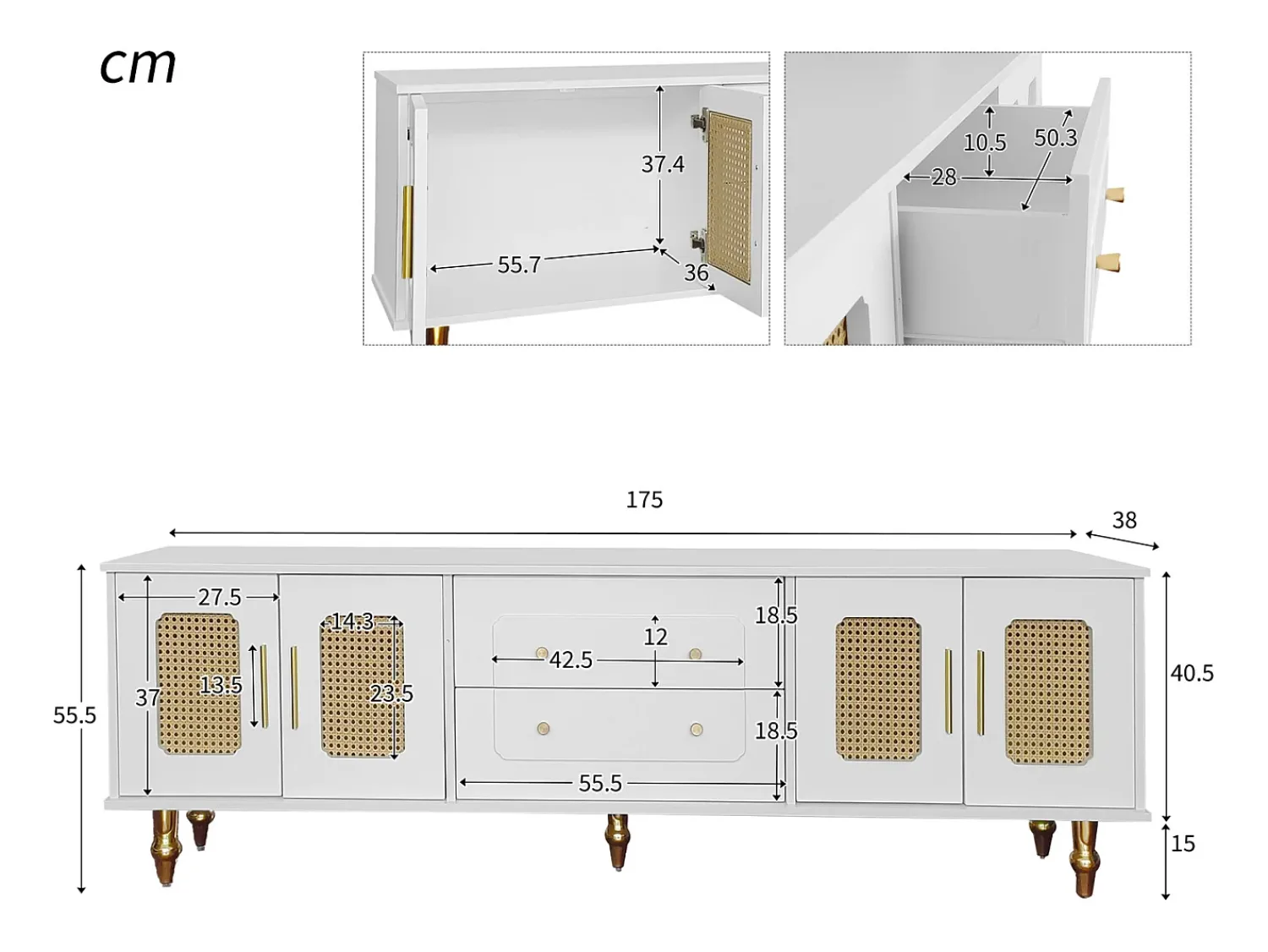 Móvel de TV baixo estilo retro com 6 compartimentos de armazenamento, puxadores dourados, porta de vime^ Móvel De Tv