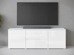 New Móvel de TV baixo moderno 180 cm – armário alto para TV com gavetas e prateleiras, corpo mate, frentes brilho Branco