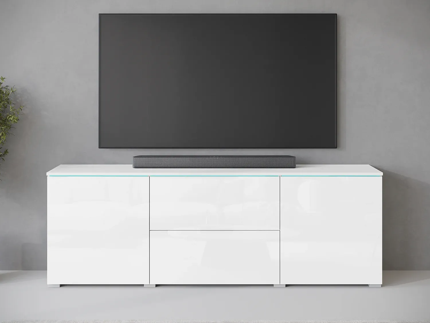 New Móvel de TV baixo moderno 180 cm – armário alto para TV com gavetas e prateleiras, corpo mate, frentes brilho Branco