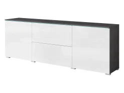 Móvel de TV baixo moderno 180 cm – armário alto para TV com gavetas e prateleiras, corpo antracite matera, frentes branco brilho^ Móvel De Tv