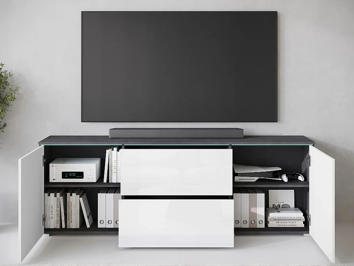 Móvel de TV baixo moderno 180 cm – armário alto para TV com gavetas e prateleiras, corpo antracite matera, frentes branco brilho^ Móvel De Tv