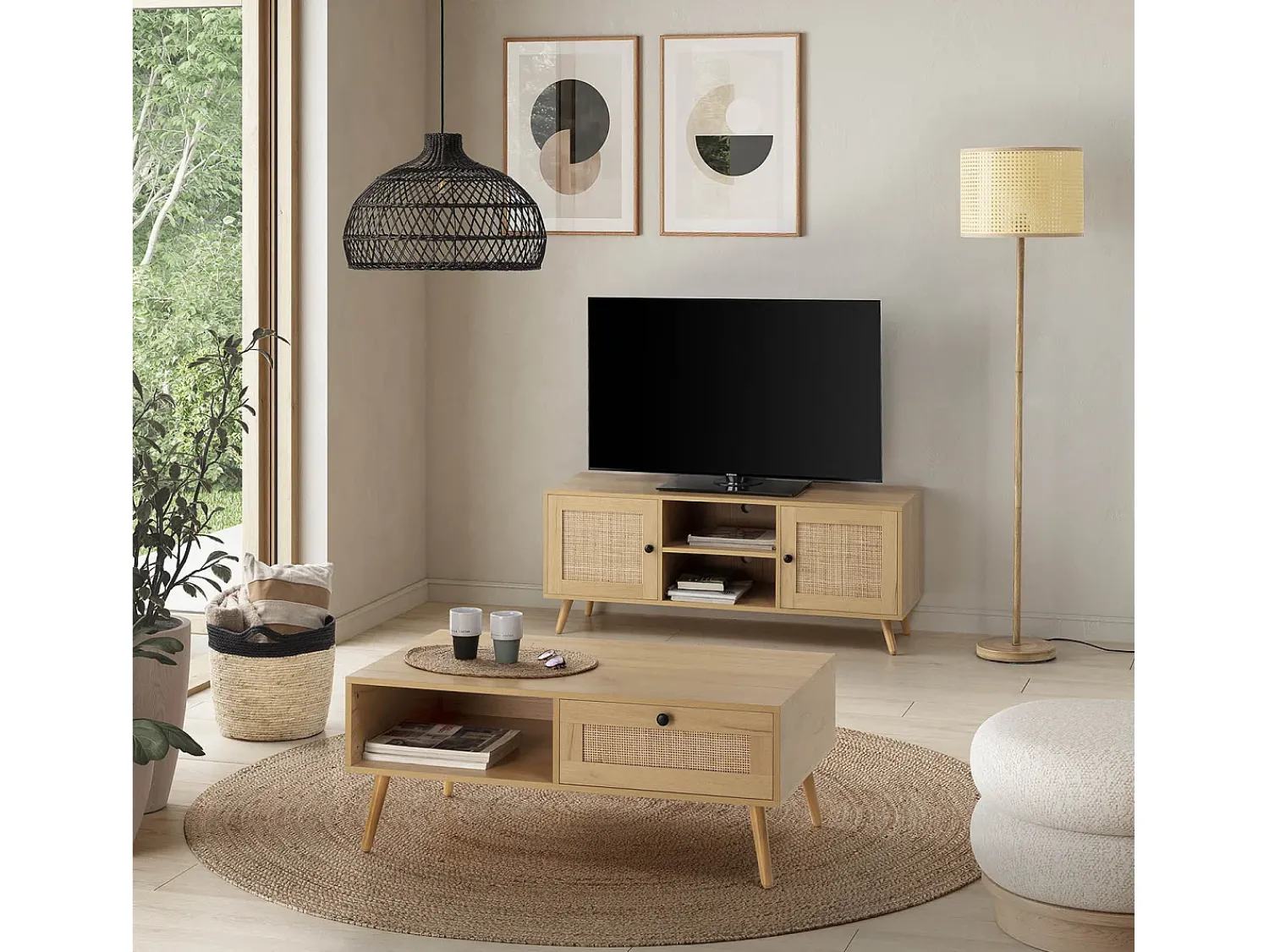 Discount VS Venta-stock Móvel de TV Bella 2 Portas Cor Carvalho com vime Natural Natural claro