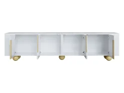 Móvel De Tv| Móvel de TV 180 cm, 4 portas, design elegante, superfície com efeito mármore, pés esféricos de madeira Branco