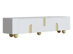 Móvel De Tv| Móvel de TV 180 cm, 4 portas, design elegante, superfície com efeito mármore, pés esféricos de madeira Branco