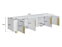Móvel De Tv| Móvel de TV 180 cm, 4 portas, design elegante, superfície com efeito mármore, pés esféricos de madeira Branco