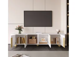 Móvel De Tv| Móvel de TV 180 cm, 4 portas, design elegante, superfície com efeito mármore, pés esféricos de madeira Branco