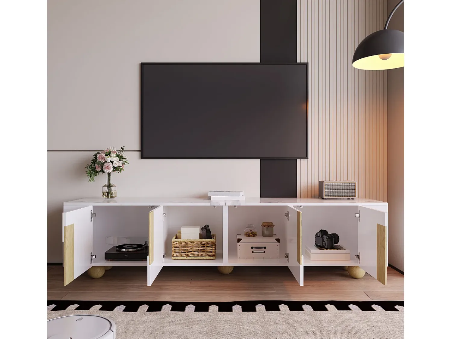 Hauss Spole Móvel de TV com 4 portas - Tampo com efeito mármore - Pés esféricos em madeira^ Móvel De Tv