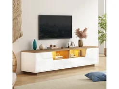 Móvel De Tv| Móvel de TV com iluminação LED - Móvel de TV com 2 gavetas e 2 portas - tampo em madeira e arrumação aberta Branco