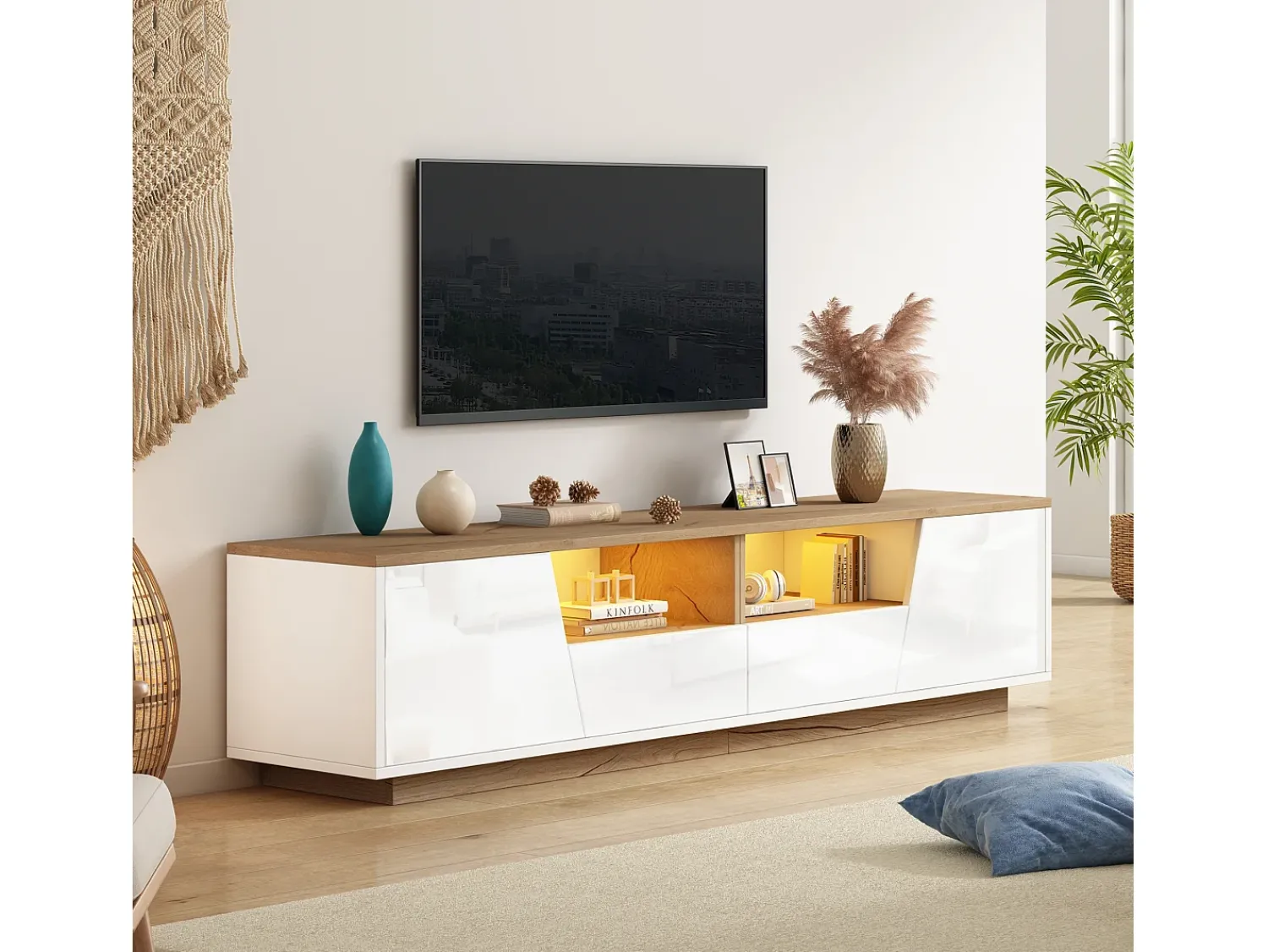 Móvel De Tv| Móvel de TV com iluminação LED - Móvel de TV com 2 gavetas e 2 portas - tampo em madeira e arrumação aberta Branco