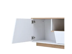 Móvel De Tv| Móvel de TV com iluminação LED - Móvel de TV com 2 gavetas e 2 portas - tampo em madeira e arrumação aberta Branco