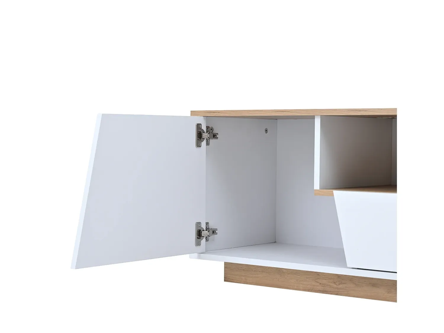 Móvel De Tv| Móvel de TV com iluminação LED - Móvel de TV com 2 gavetas e 2 portas - tampo em madeira e arrumação aberta Branco