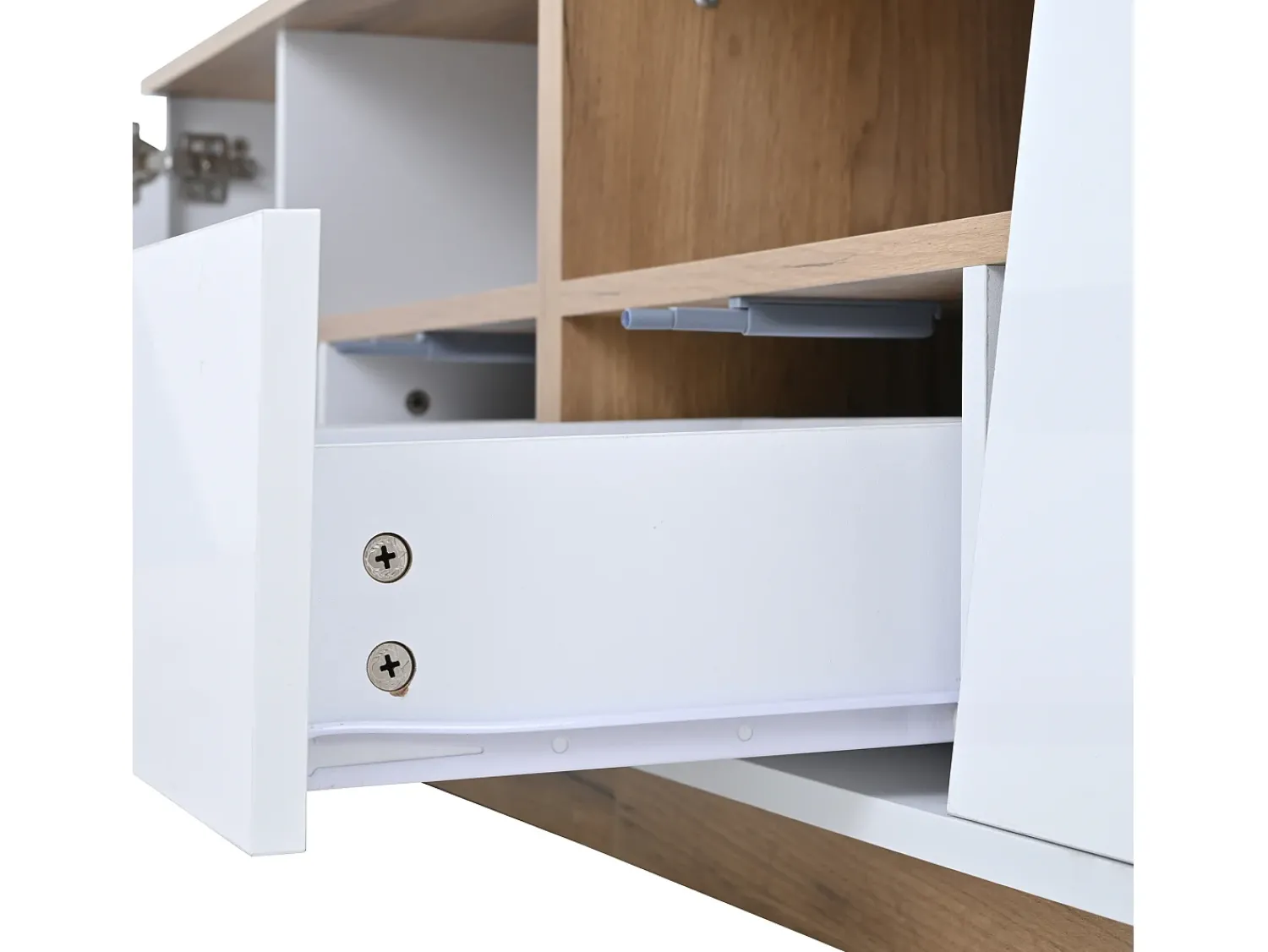 Móvel De Tv| Móvel de TV com iluminação LED - Móvel de TV com 2 gavetas e 2 portas - tampo em madeira e arrumação aberta Branco