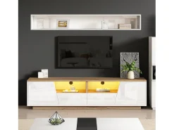 Móvel De Tv| Móvel de TV com iluminação LED - Móvel de TV com 2 gavetas e 2 portas - tampo em madeira e arrumação aberta Branco