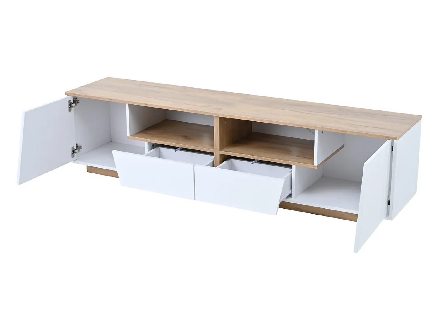 Móvel De Tv| Móvel de TV com iluminação LED - Móvel de TV com 2 gavetas e 2 portas - tampo em madeira e arrumação aberta Branco