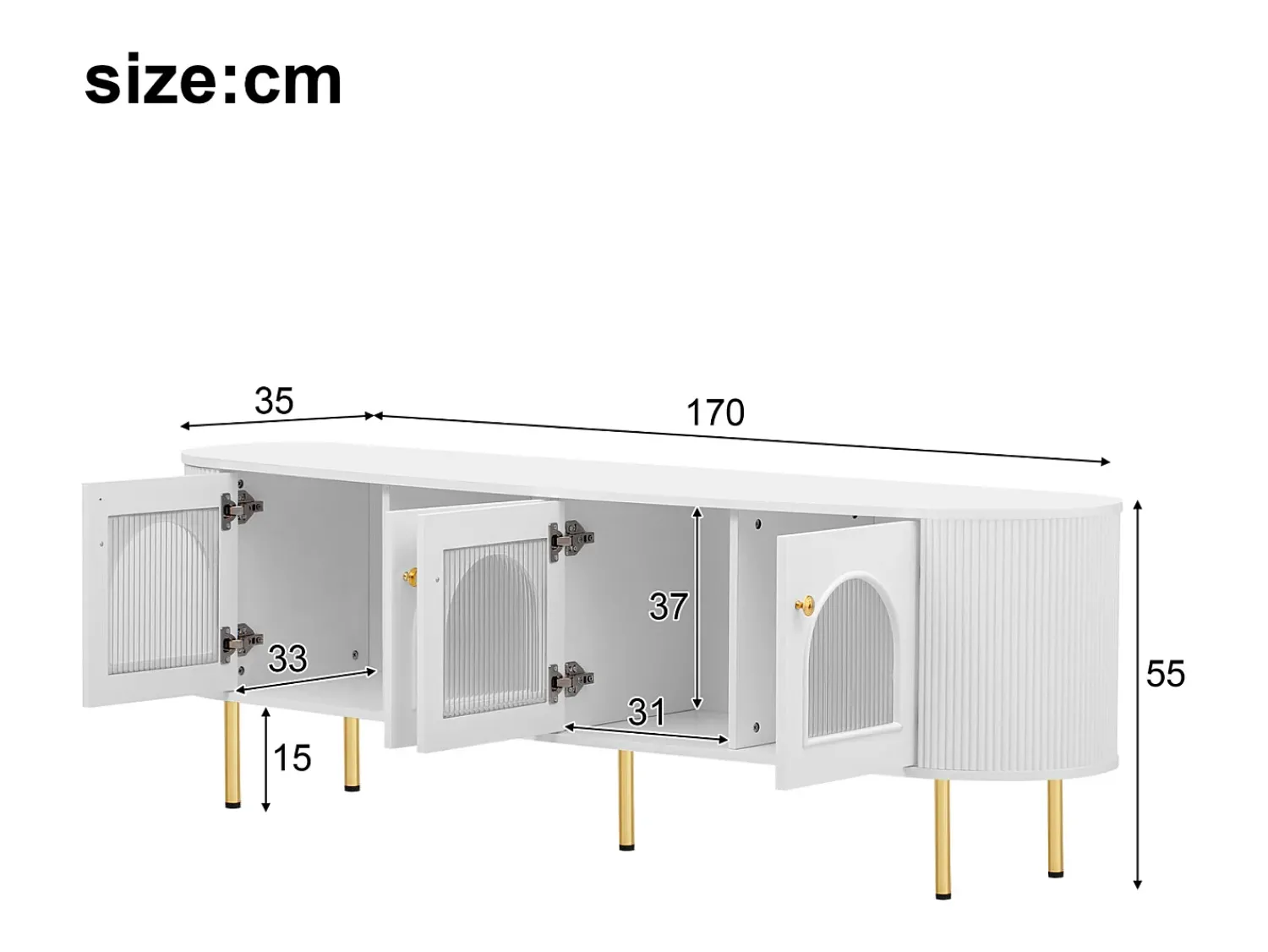 Móvel De Tv* Móvel de TV com portas de vidro e detalhes dourados – 170 x 35 x 55 cm – com puxadores dourados Branco