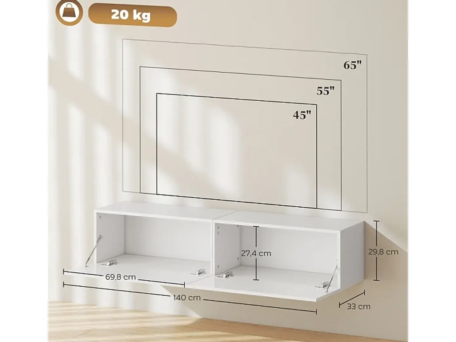 Móvel De Tv* Móvel de TV de 140 cm para parede ou de perfil baixo com espaço de armazenamento integrado, adequado para TVs de até 65 polegadas. Sala de estar. Branco