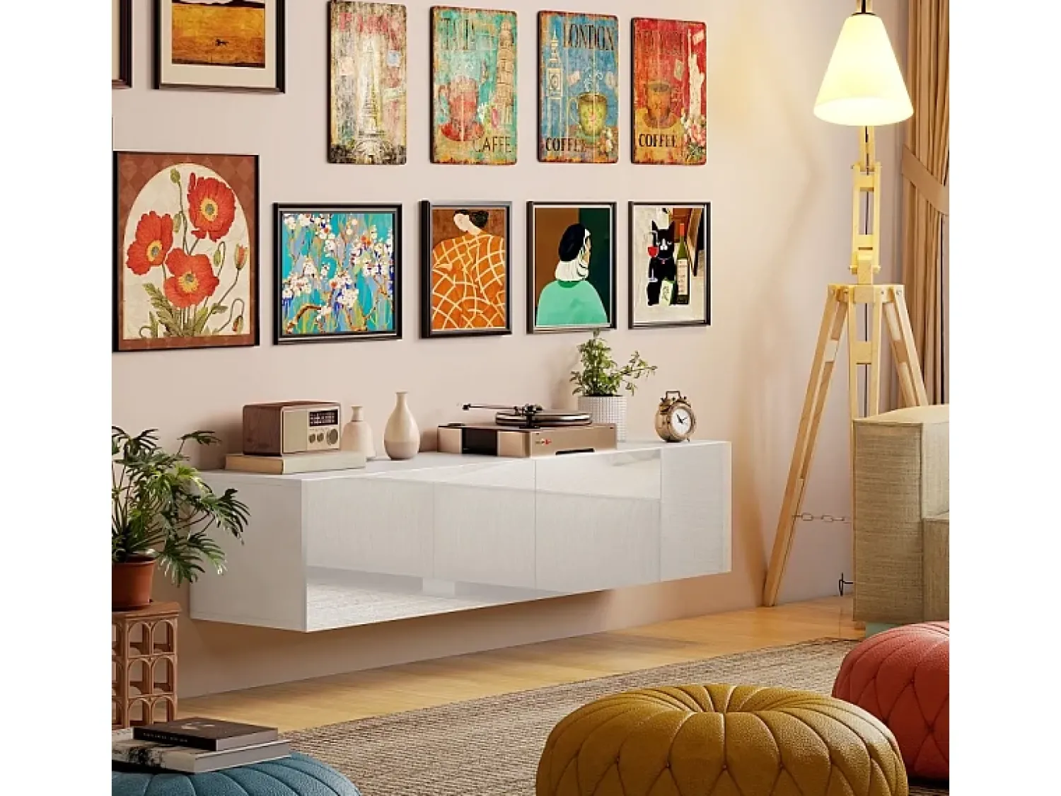Móvel De Tv* Móvel de TV de 140 cm para parede ou de perfil baixo com espaço de armazenamento integrado, adequado para TVs de até 65 polegadas. Sala de estar. Branco