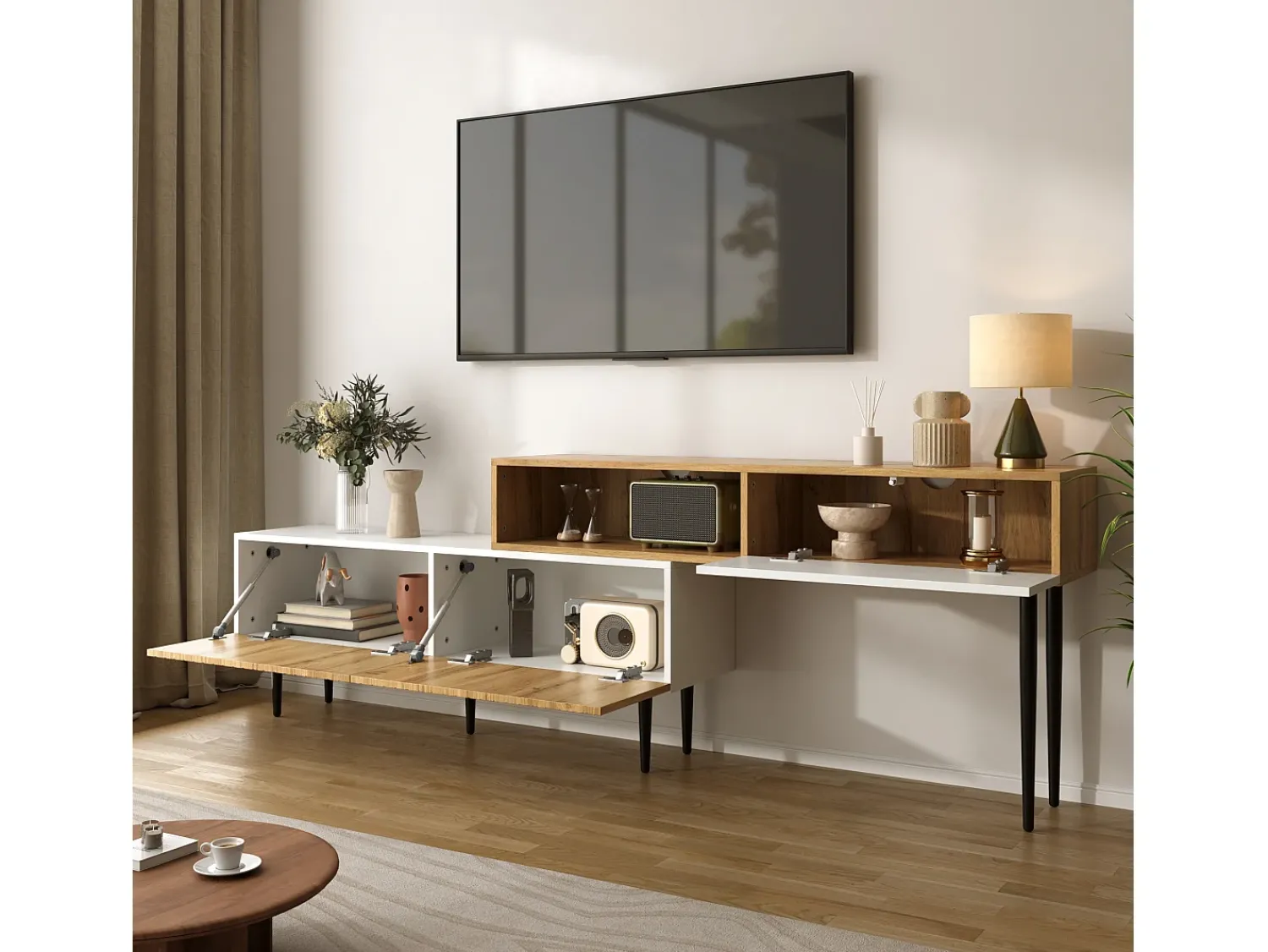 Clearance Hauss Spole Móvel de TV e madeira com 3 portas, modular em 2 partes, pés pretos Branco