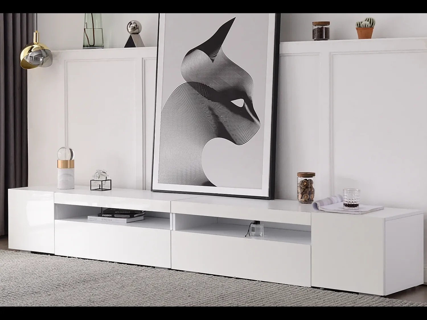 New Móvel de TV moderno, painel de luz, iluminação LED regulável, sala de estar e sala de jantar 240 cm (painel brilhante, não brilhante) Branco