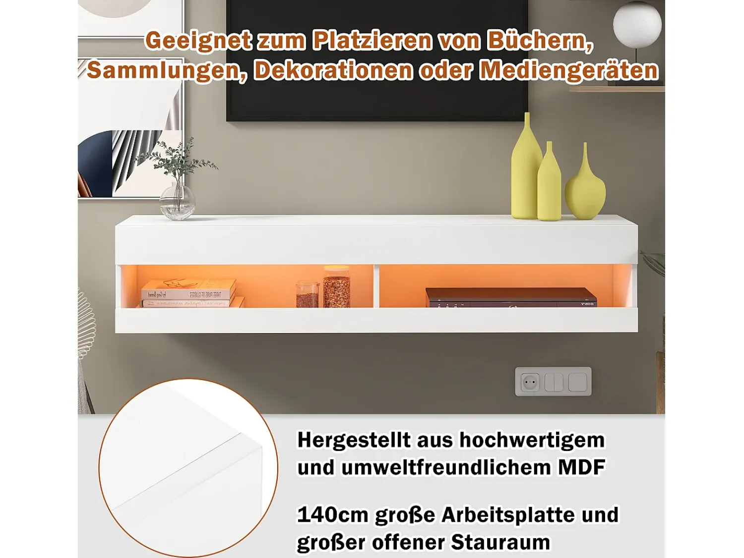 Móvel De Tv*Hauss Spole Móvel de TV para parede com espaço de arrumação e iluminação LED - Acabamento brilhante Branco