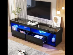 Móvel De Tv*Merax Móvel de TV brilhante - 180 x 40 x 46 cm - com 2 gavetas + LEDs - aglomerado - natural Preto