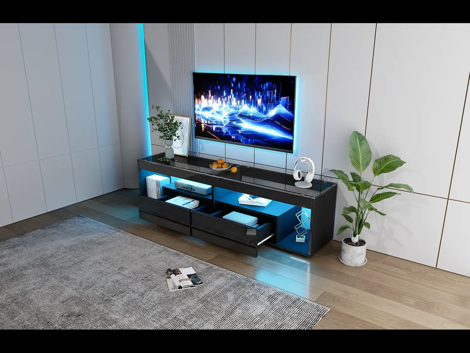 Móvel De Tv*Merax Móvel de TV brilhante - 180 x 40 x 46 cm - com 2 gavetas + LEDs - aglomerado - natural Preto