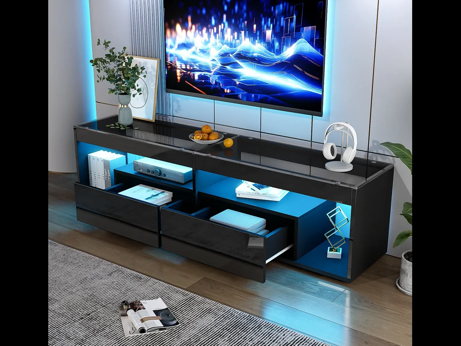 Móvel De Tv*Merax Móvel de TV brilhante - 180 x 40 x 46 cm - com 2 gavetas + LEDs - aglomerado - natural Preto