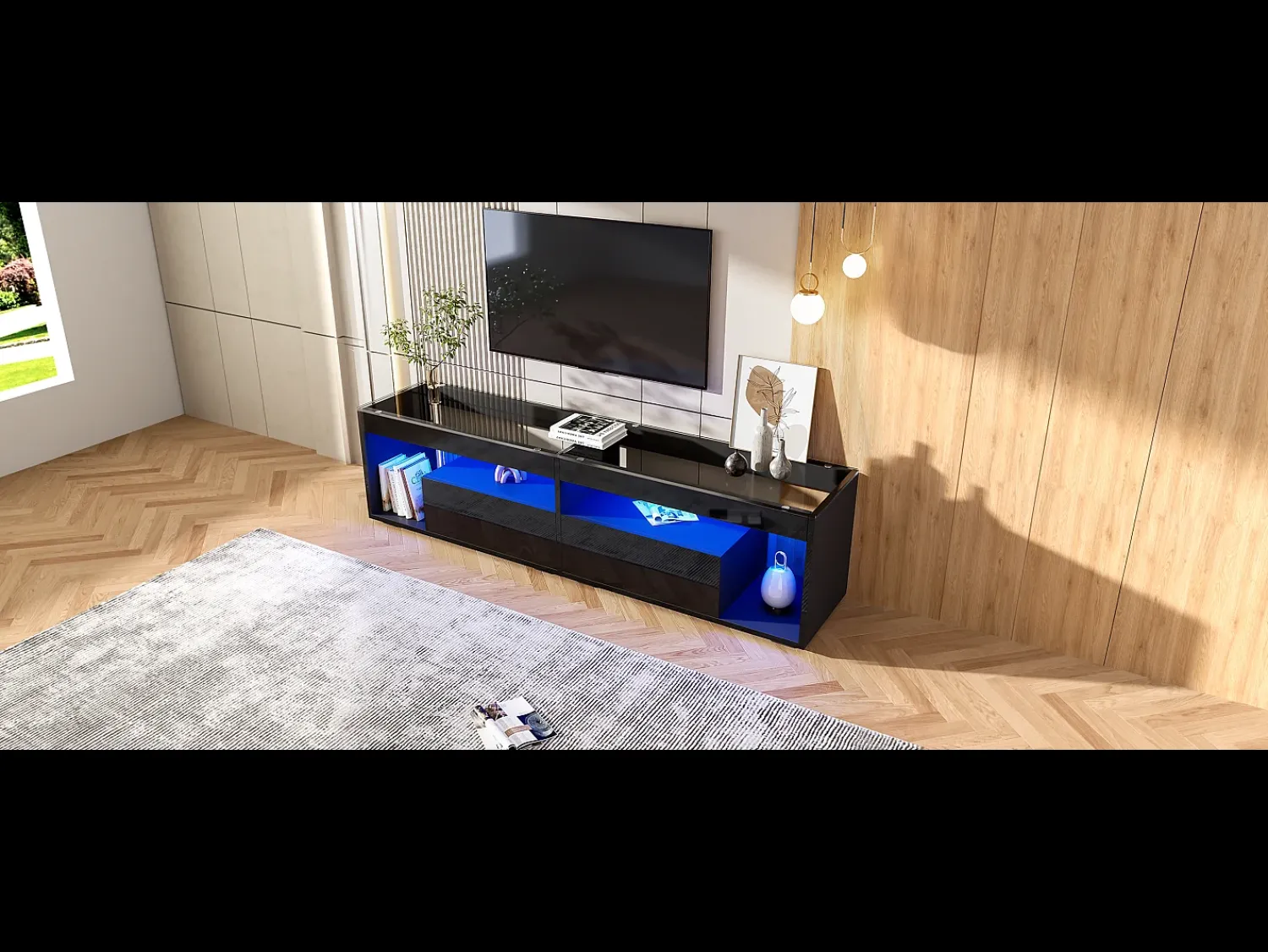Móvel De Tv*Merax Móvel de TV brilhante - 180 x 40 x 46 cm - com 2 gavetas + LEDs - aglomerado - natural Preto