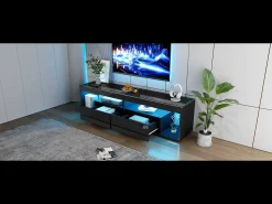 Móvel De Tv*Merax Móvel de TV brilhante - 180 x 40 x 46 cm - com 2 gavetas + LEDs - aglomerado - natural Preto