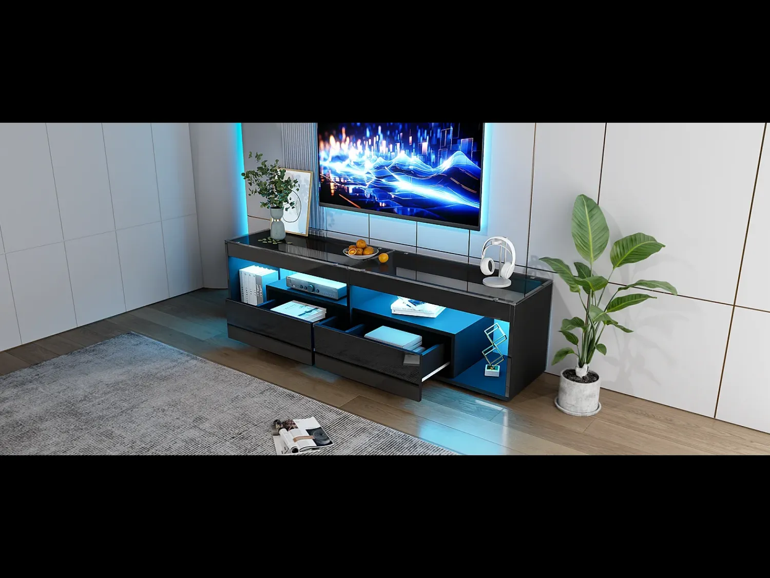 Móvel De Tv*Merax Móvel de TV brilhante - 180 x 40 x 46 cm - com 2 gavetas + LEDs - aglomerado - natural Preto