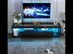 Móvel De Tv*Merax Móvel de TV brilhante - 180 x 40 x 46 cm - com 2 gavetas + LEDs - aglomerado - natural Preto